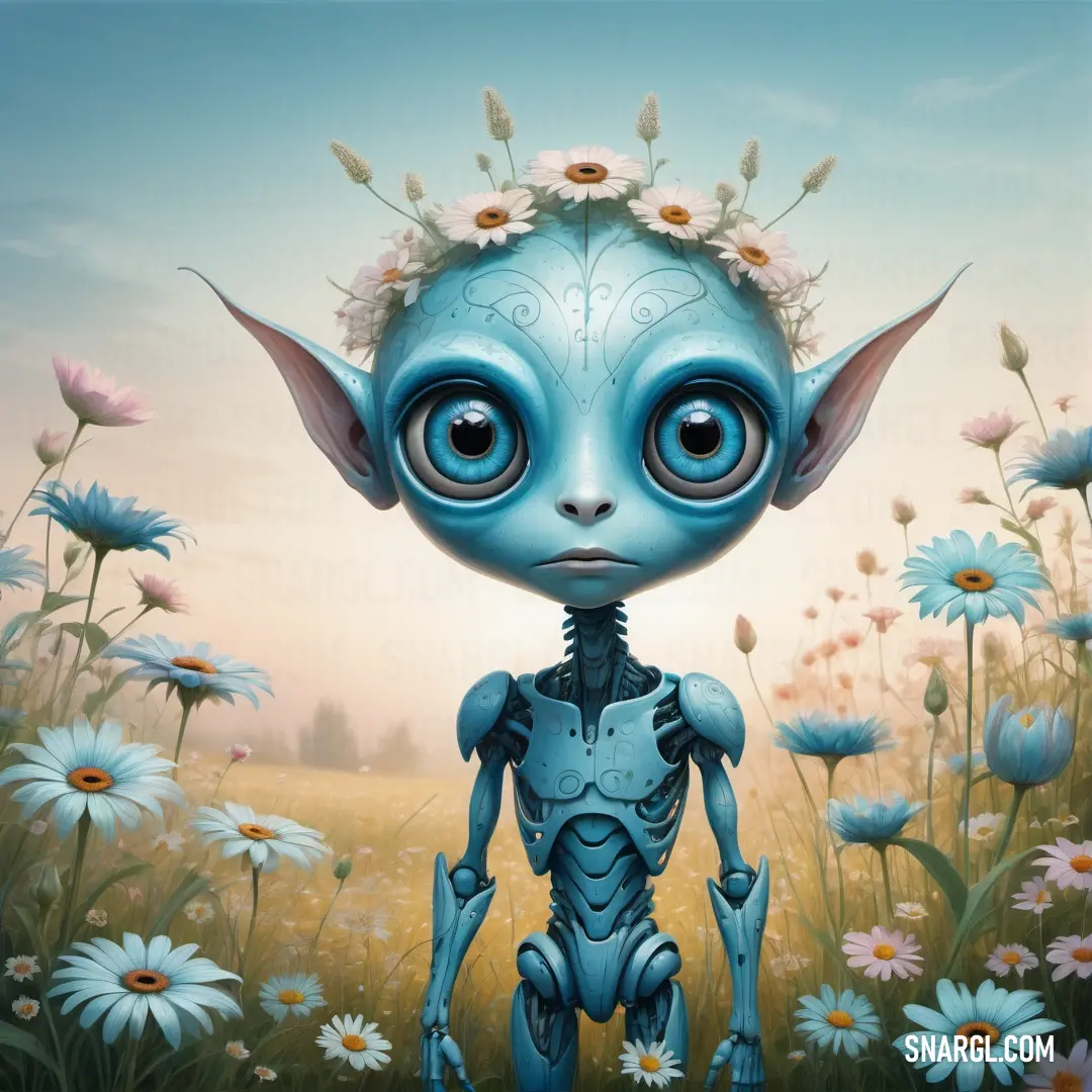 Blue alien with flowers in its hair standing in a field of daisies and daisies with a sky background. Example of #7BA0D0 color.