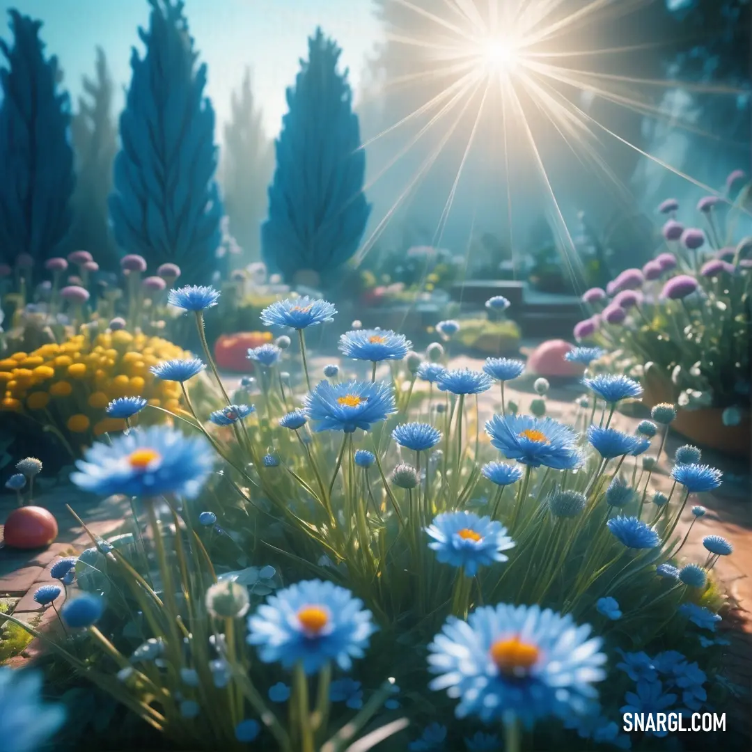 Garden with blue flowers and a sun shining over the top of it and a path leading to a park. Color RGB 123,160,208.
