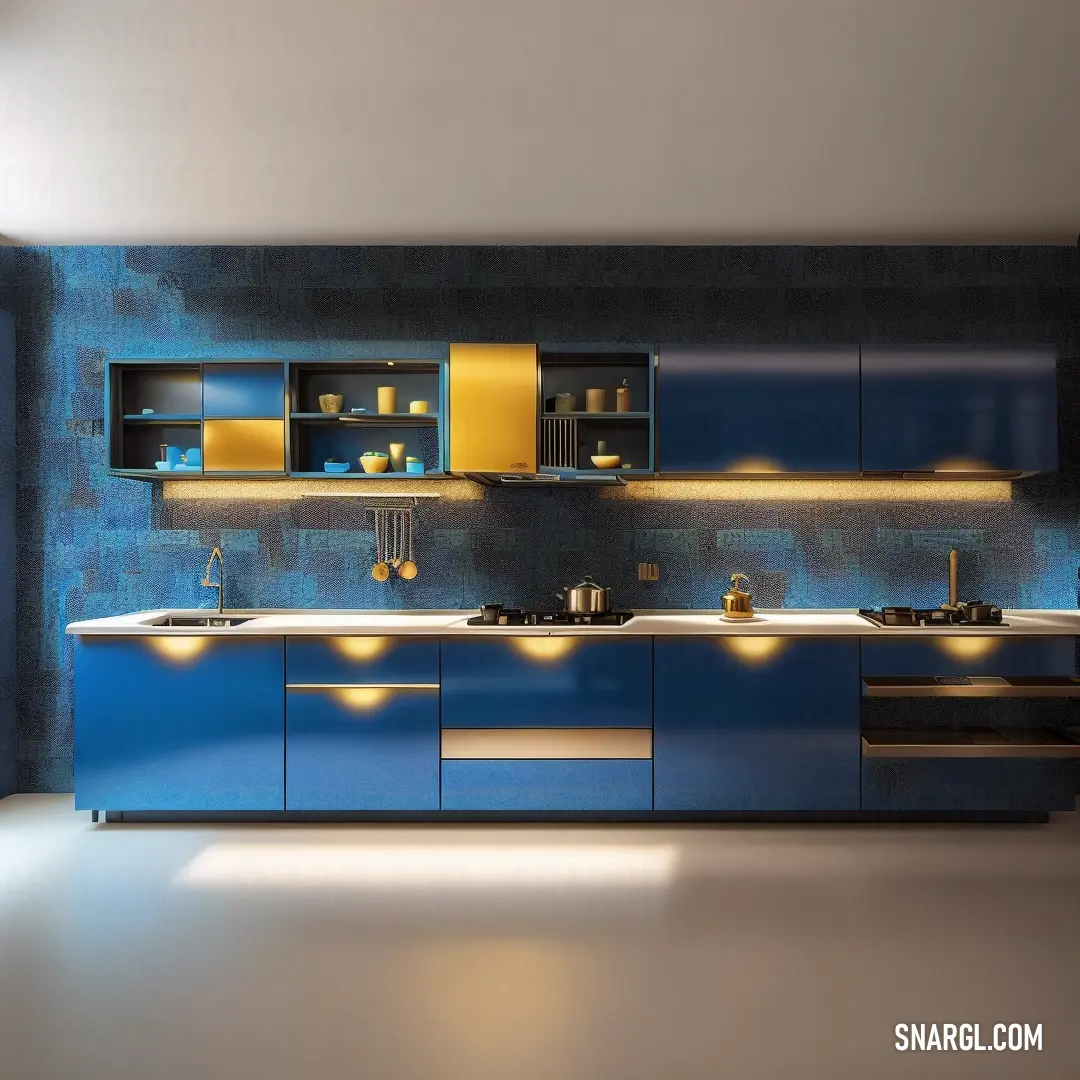 Kitchen with blue cabinets and yellow lights on the counter tops and a sink and a stove top and a microwave. Example of RGB 57,117,183 color.