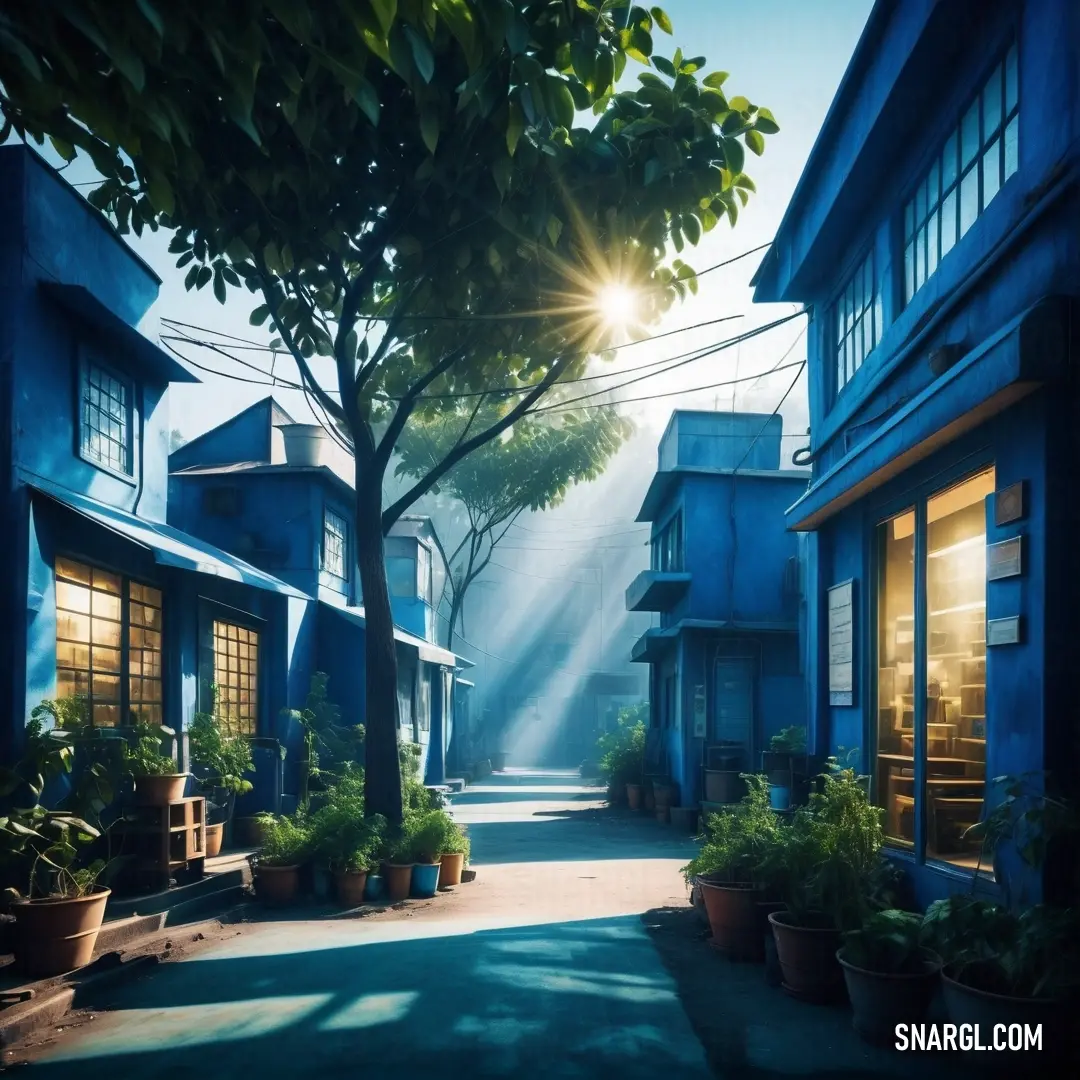 Street with a tree and some buildings and a sunbeam in the sky above it and a tree in the middle. Example of PANTONE 660 color.
