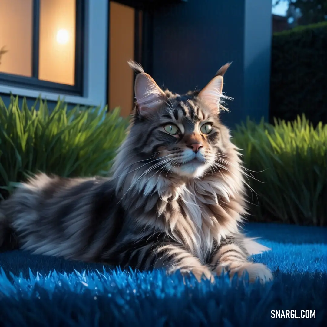 Cat laying on a blue carpet in front of a house with a lit window in the background. Color RGB 39,81,151.