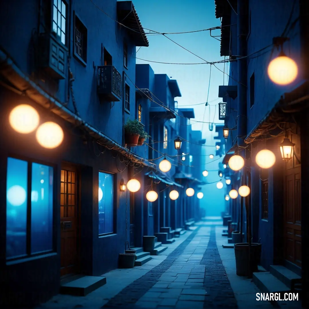 Narrow alley way with lights hanging from the buildings and a cobblestone walkway between two buildings at night