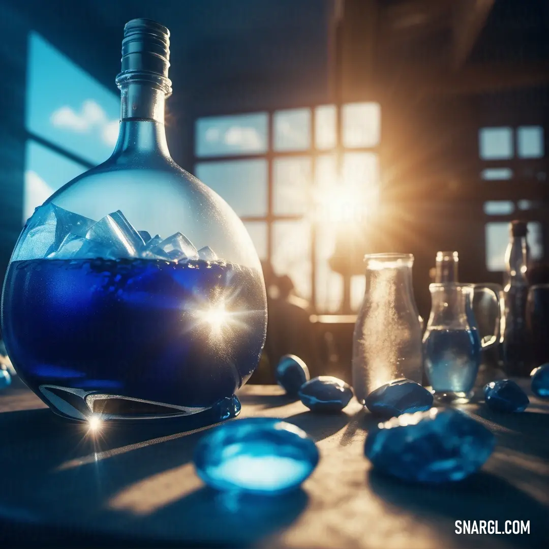 Bottle of blue liquid on top of a table next to some rocks and a glass of water. Color PANTONE 662.