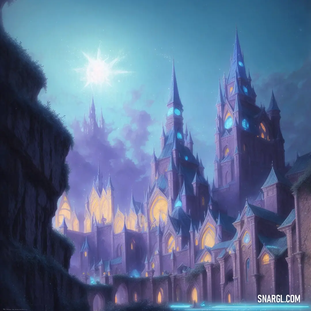 Castle with a lot of towers and lights on it's sides and a sky background. Example of #303F82 color.