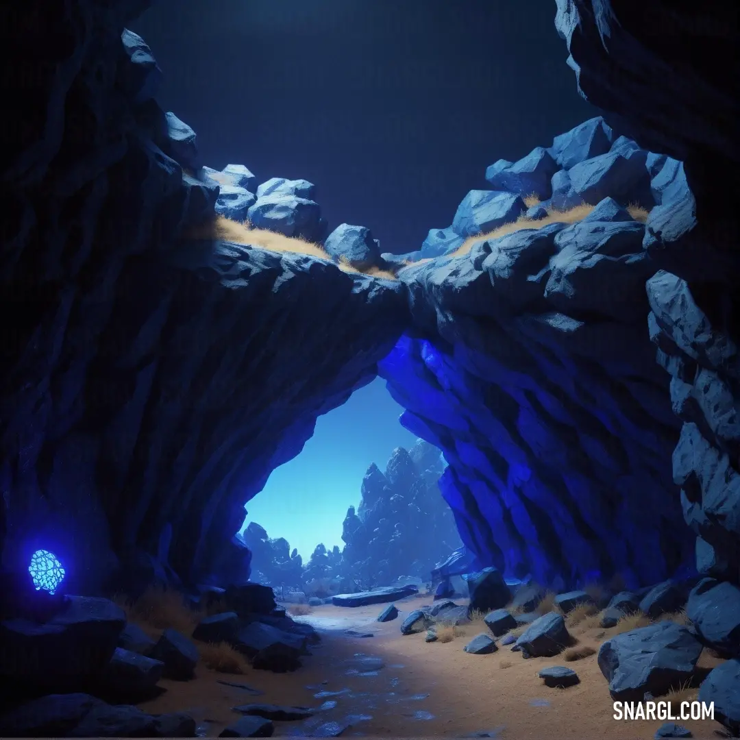 Cave with a light at the end of it and a pathway leading to it through the cave is a blue light. Color #303F82.