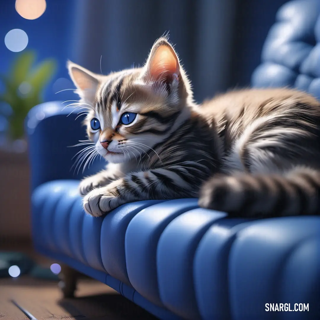 Kitten is laying on a blue couch with its eyes closed and it's paw on the arm of the couch. Color RGB 48,63,130.
