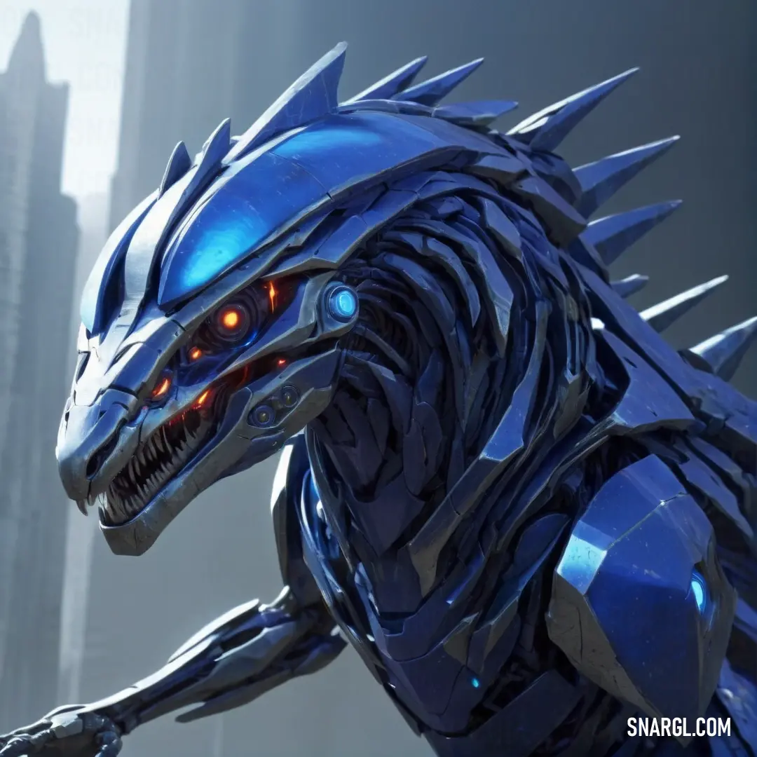 Robot like creature with glowing eyes and spikes on its head. Example of #303F82 color.