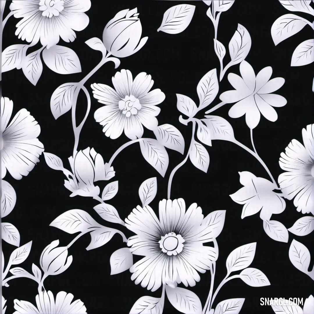 Black and white floral pattern with white flowers on it's side and a black background. Color RGB 228,222,231.