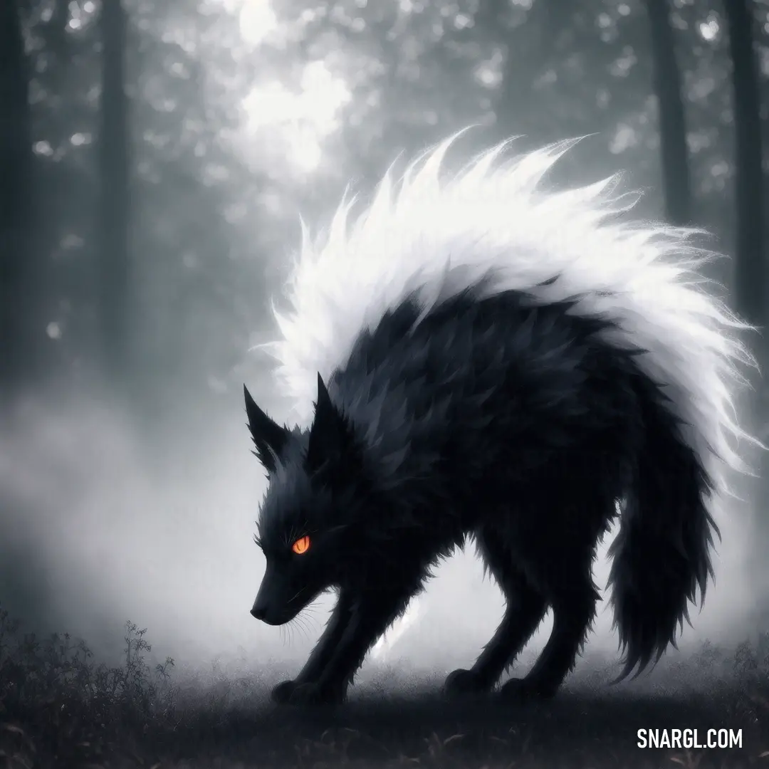 Black and white wolf with red eyes in the woods with fog and trees in the background. Example of PANTONE 664 color.