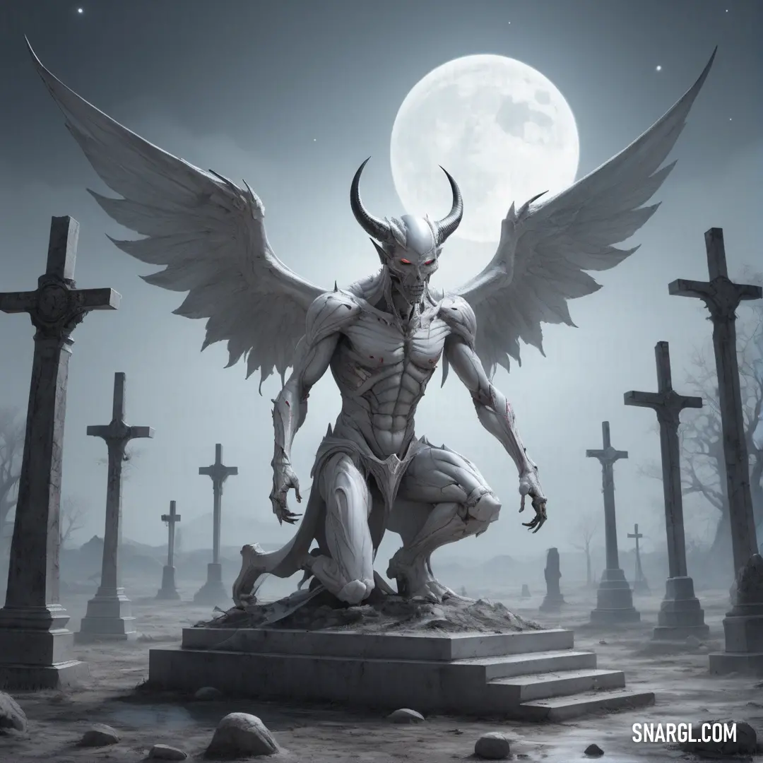 Demonic demon standing on a grave with a full moon in the background. Color #DED7E3.