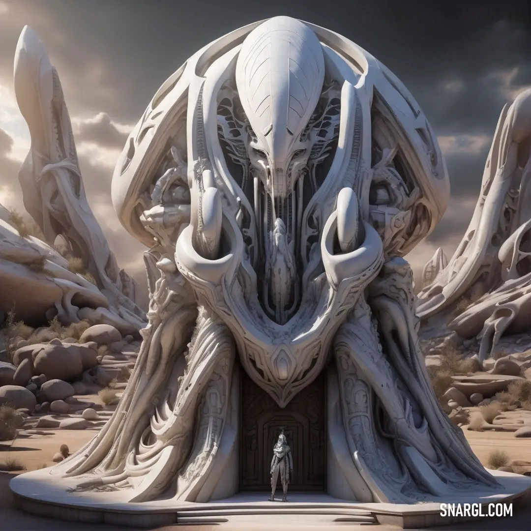 Giant white alien like structure in the desert with a man standing in front of it