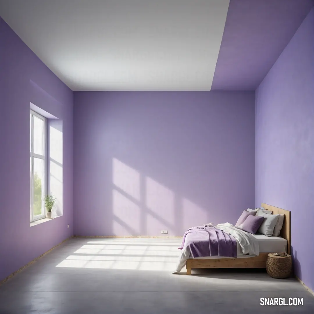 Bedroom with a bed and a window in it with a purple wall and flooring and a wooden headboard. Example of RGB 200,191,216 color.