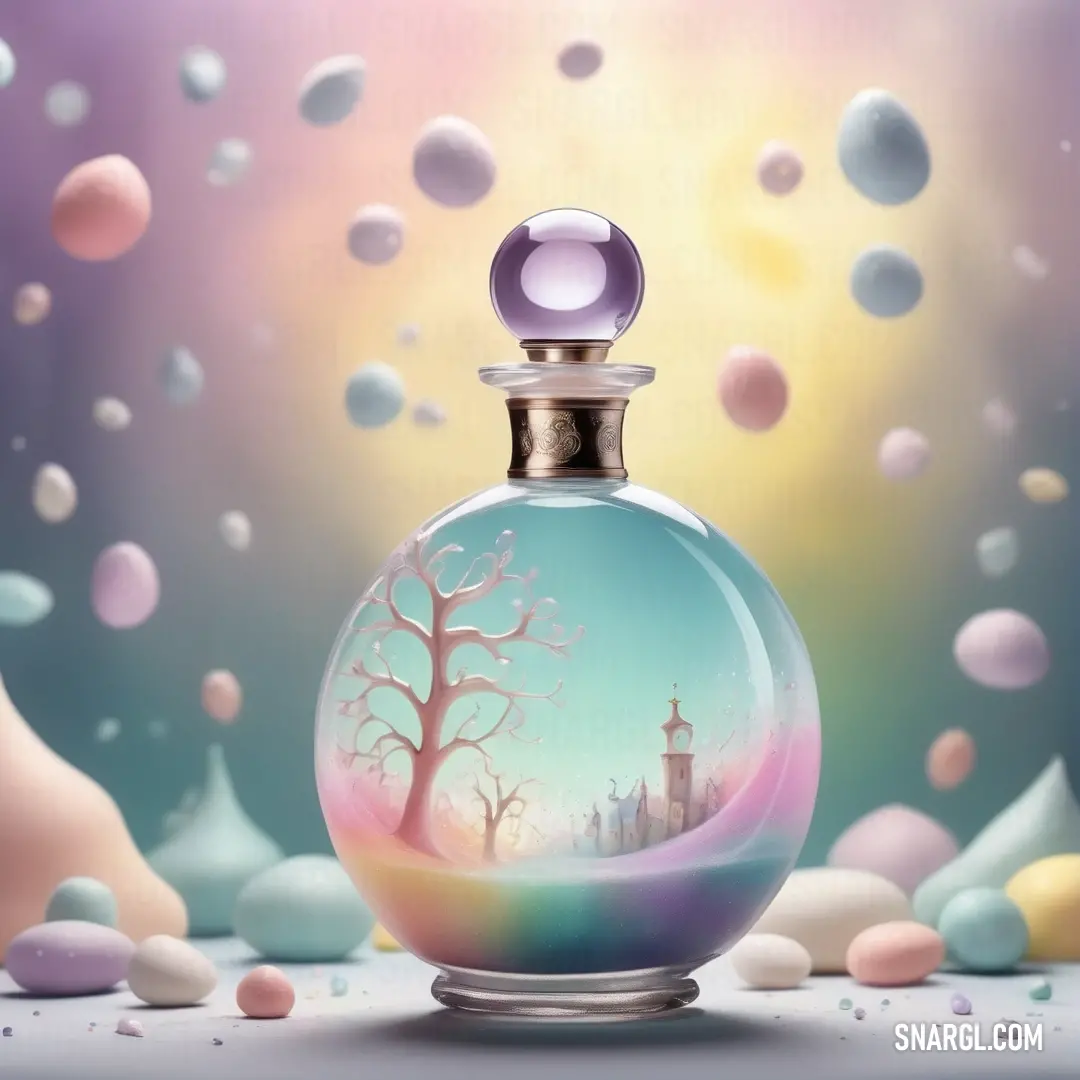 PANTONE 665 color. Bottle of perfume with a tree inside of it on a table with bubbles and a sky background