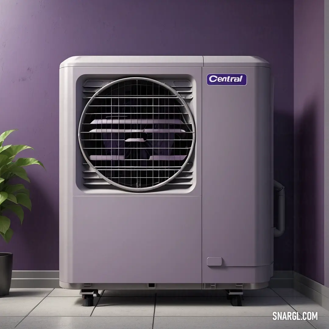PANTONE 665 color. Purple air conditioner on a tiled floor next to a plant in a purple room