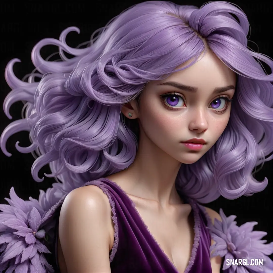 Close up of a doll with purple hair and flowers on her shoulder and shoulder length hair. Color RGB 159,148,184.