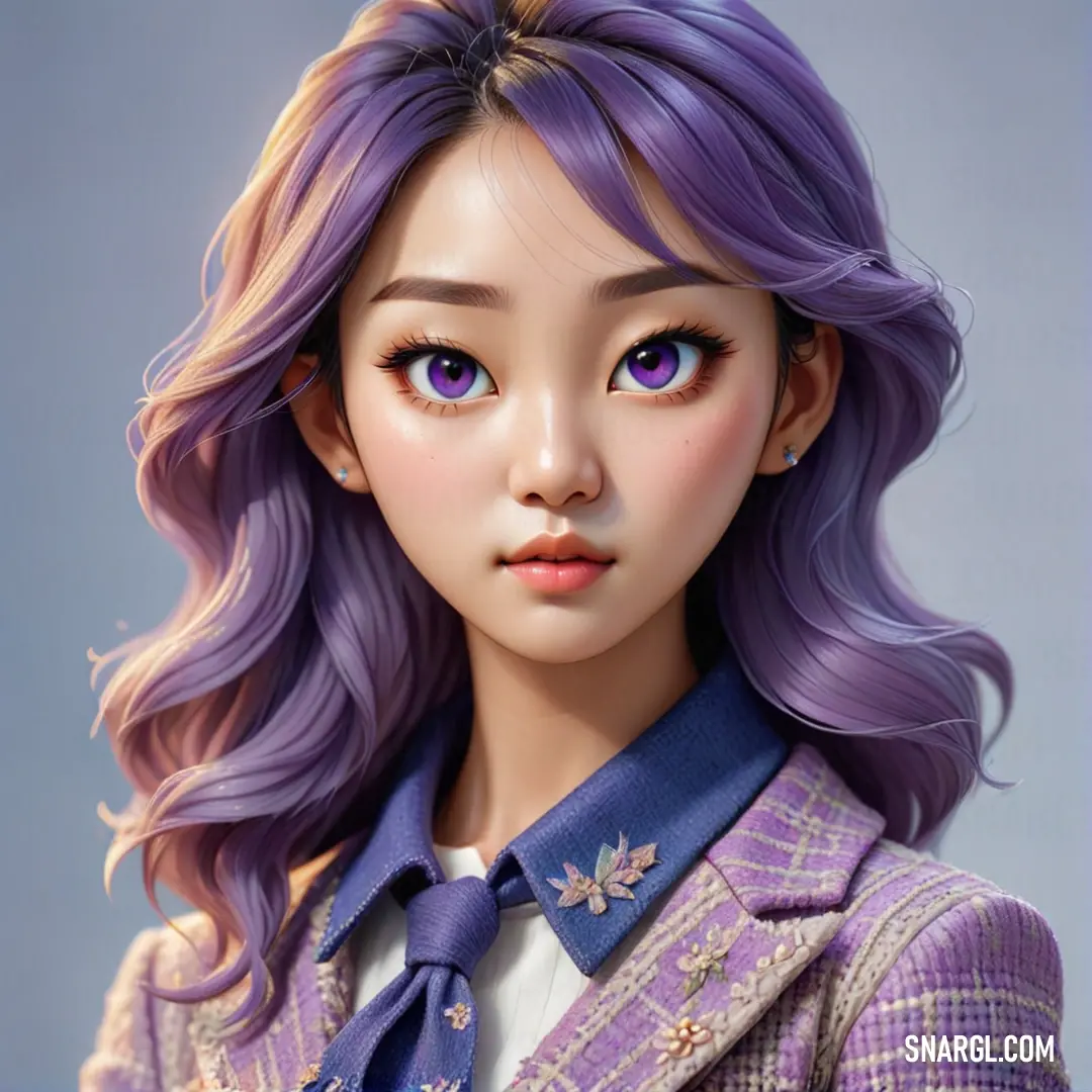 Doll with purple hair and a purple tie on her neck and a blue shirt on her chest and a white shirt on her chest