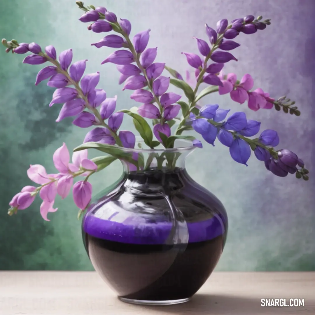 Vase with purple flowers in it on a table next to a wall and a green background. Color RGB 159,148,184.
