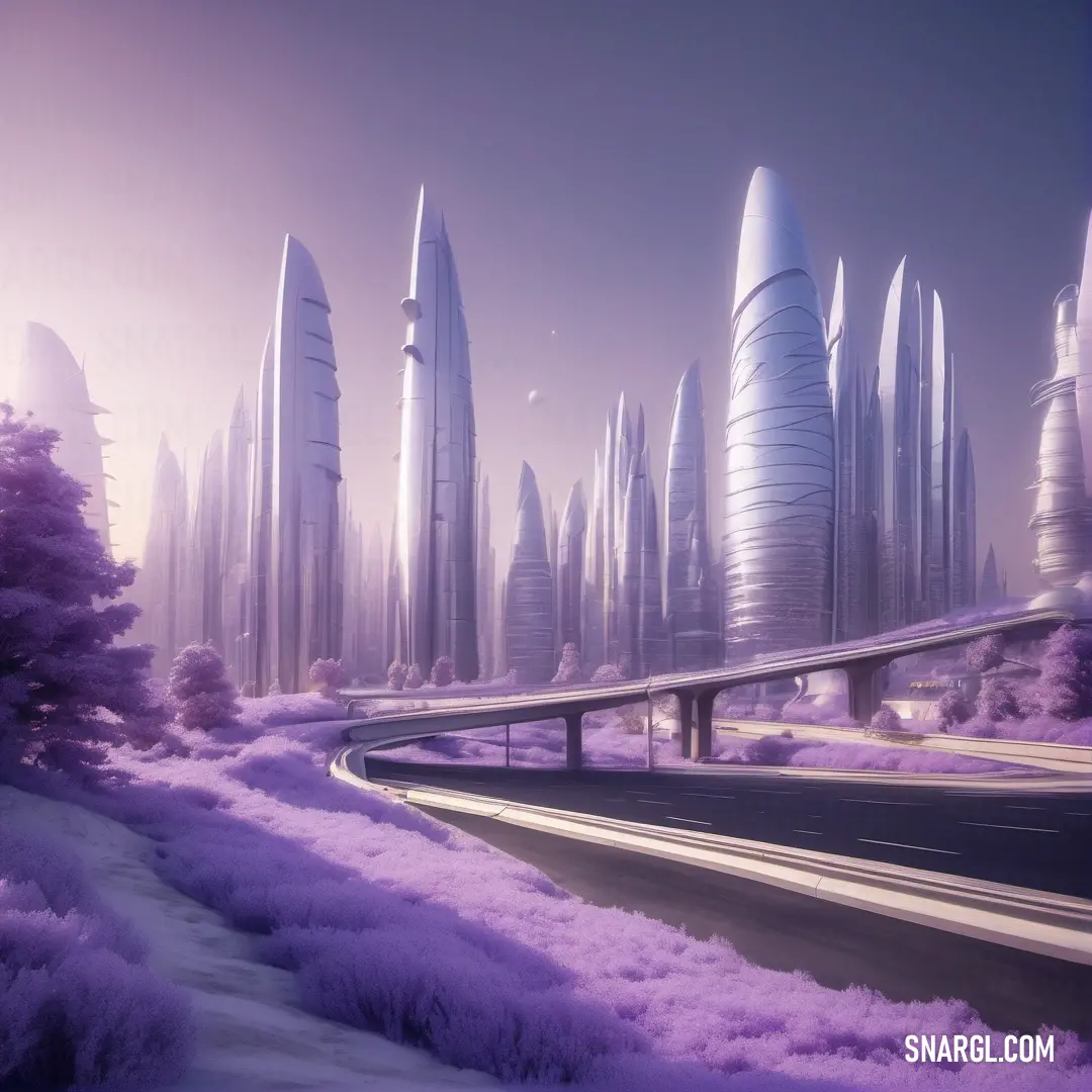 Futuristic city with a highway and a bridge in the foreground. Example of PANTONE 667 color.