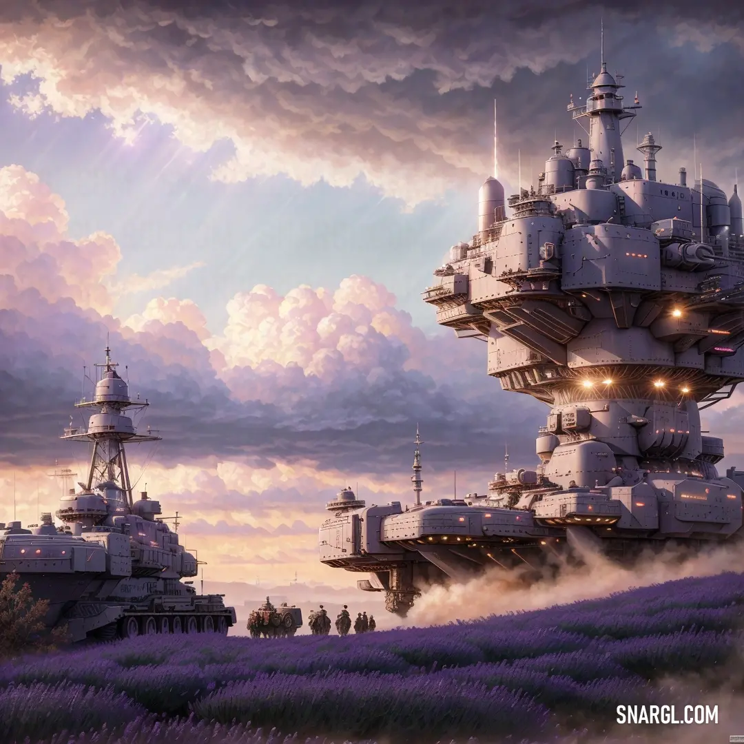 Painting of a futuristic city with a lot of clouds in the background. Color CMYK 56,59,4,14.