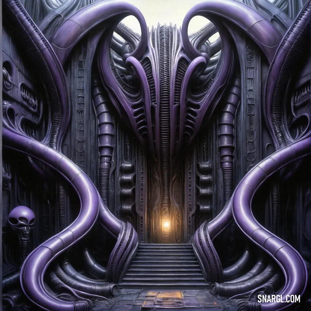 PANTONE 667 color example: Painting of a stairway leading to a doorway with purple tentacles on it and a light at the end