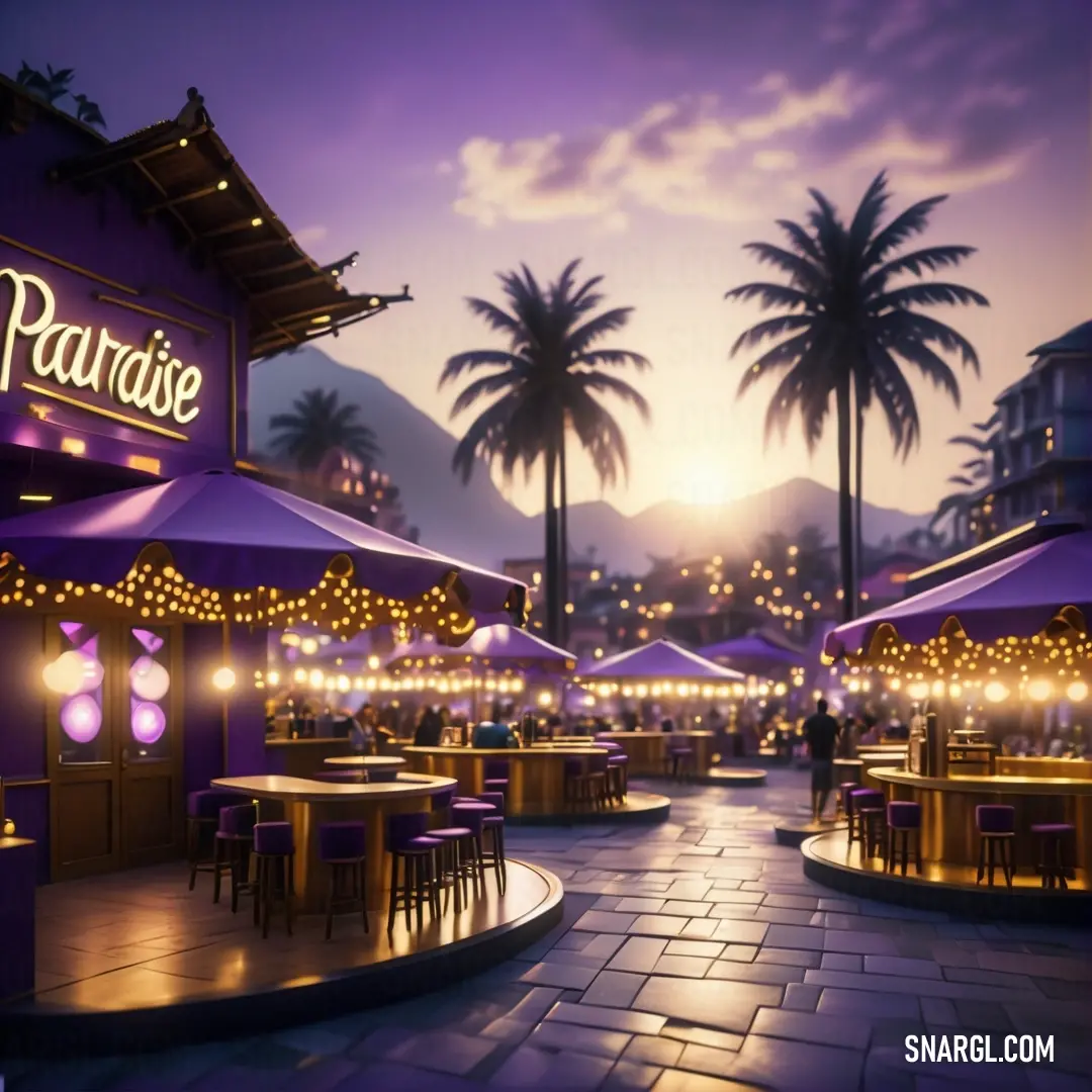 Restaurant with purple lighting and palm trees in the background. Example of PANTONE 667 color.
