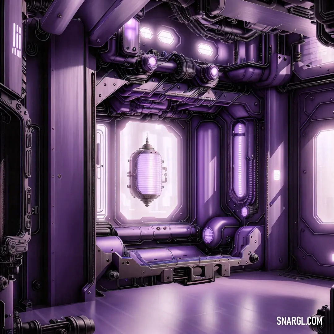 PANTONE 668 color. Purple room with pipes and a mirror in it's center and a light shining through the window