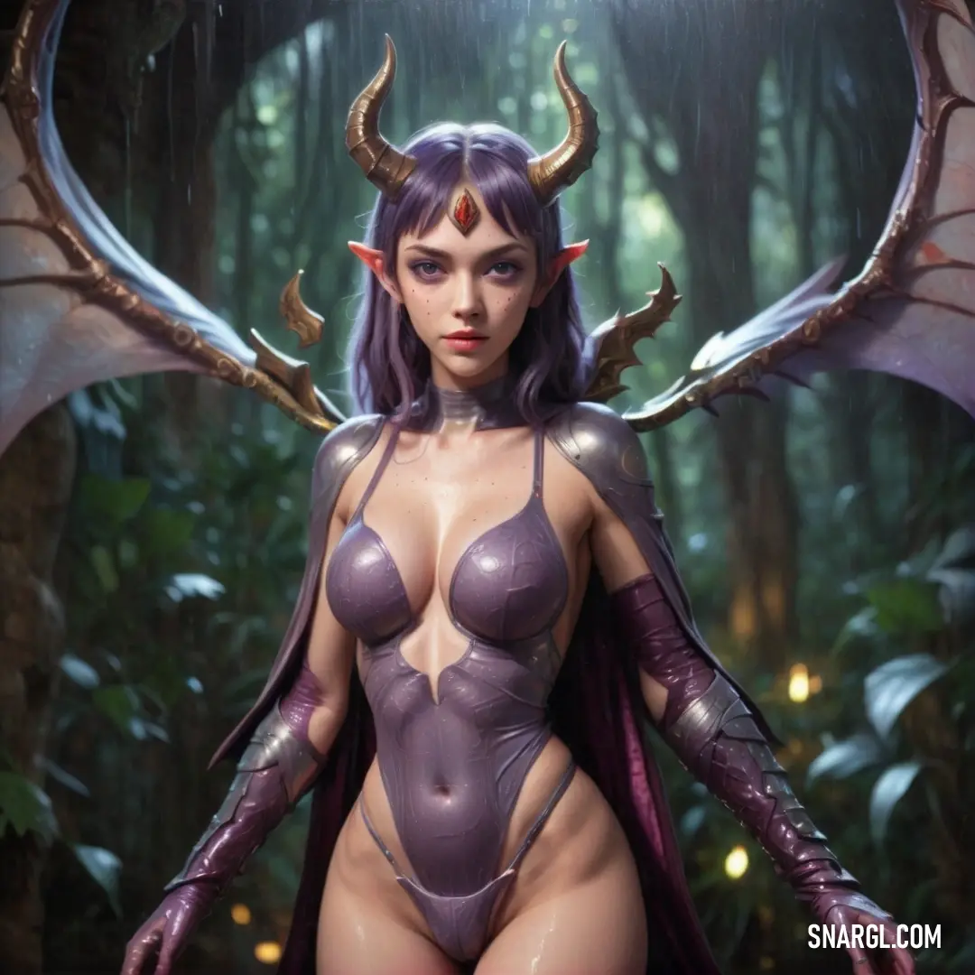 Woman with horns and a body suit in the woods with wings on her head and a huge breast. Color PANTONE 668.