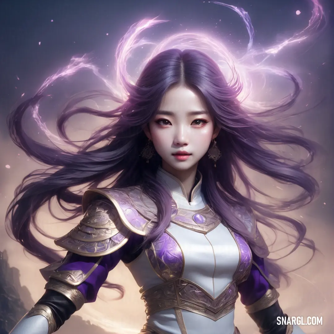 Woman with long hair and a purple outfit with lightnings on her shoulders and arms. Color #5C487A.