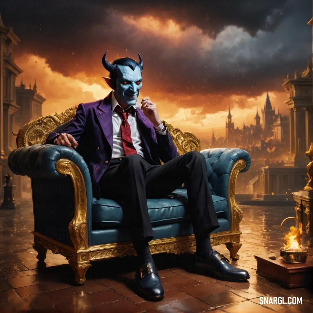 PANTONE 669 color. Man in a suit on a couch with a demon mask on his face and a candle in his hand