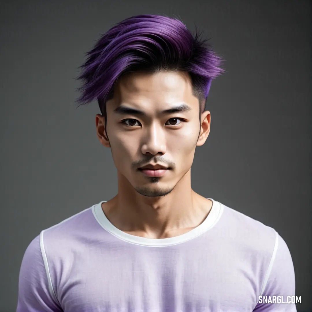PANTONE 669 color. Man with a purple hair and a white shirt on a gray background