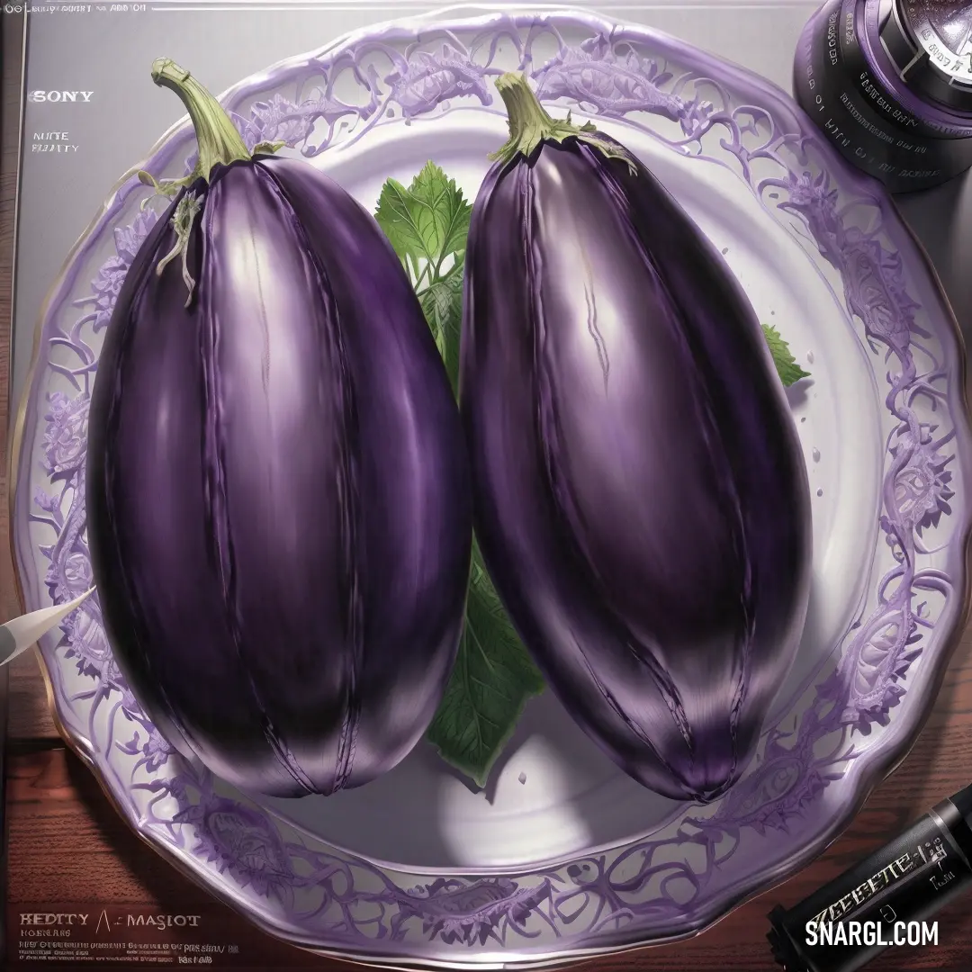 Painting of eggplant on a plate with a knife and fork next to it and a bottle of paint. Color CMYK 87,97,8,49.