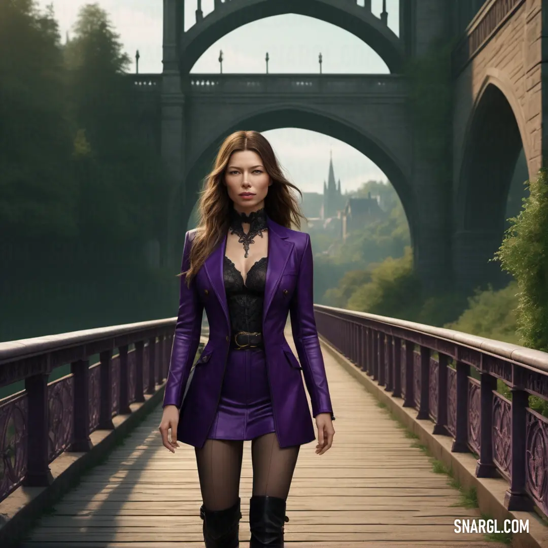 Woman in a purple suit and boots walking across a bridge over water with a bridge in the background. Example of CMYK 87,97,8,49 color.