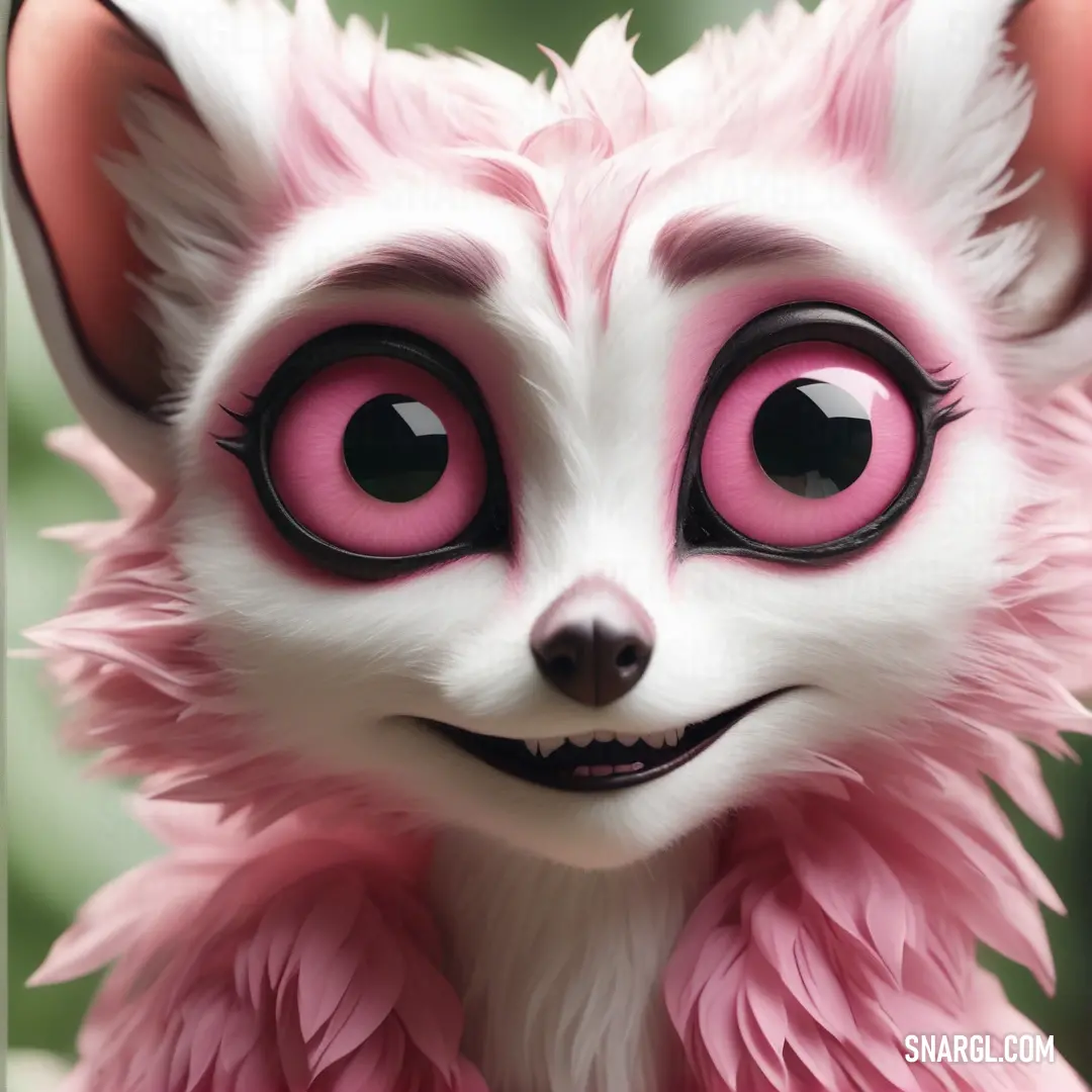 Pink and white furry animal with big eyes and a pink feathered coat on it's head. Color RGB 237,213,228.