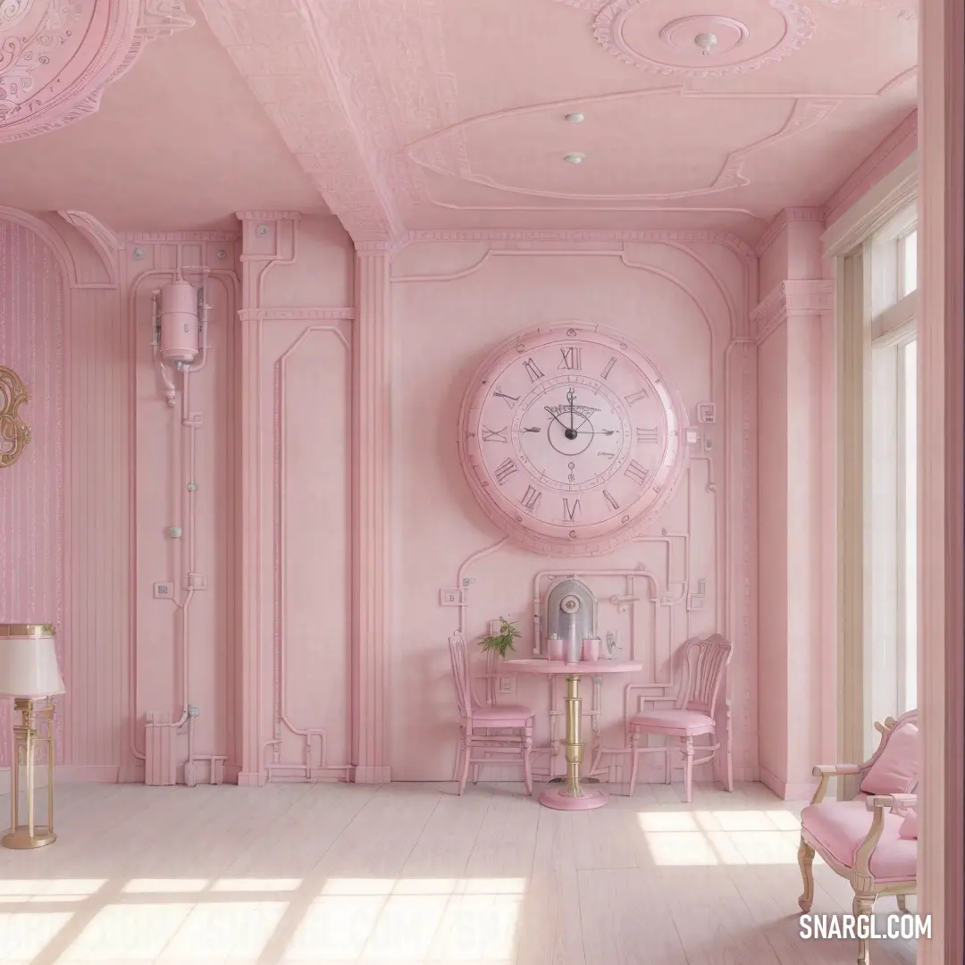 Pink room with a large clock on the wall and a pink chair in the corner of the room. Color RGB 237,213,228.