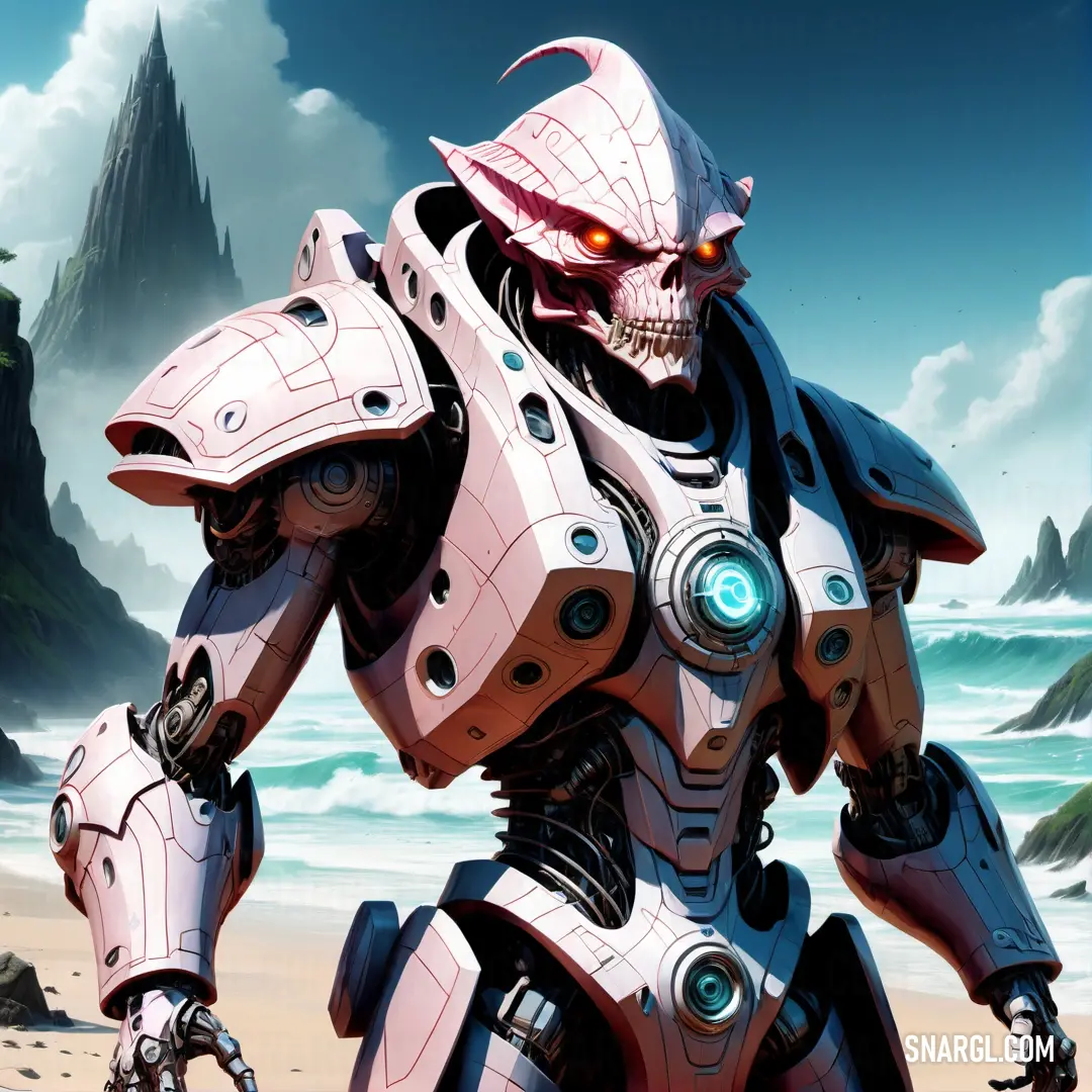 PANTONE 670 color. Robot with a helmet and a large body of armor on a beach near a mountain range with a blue sky