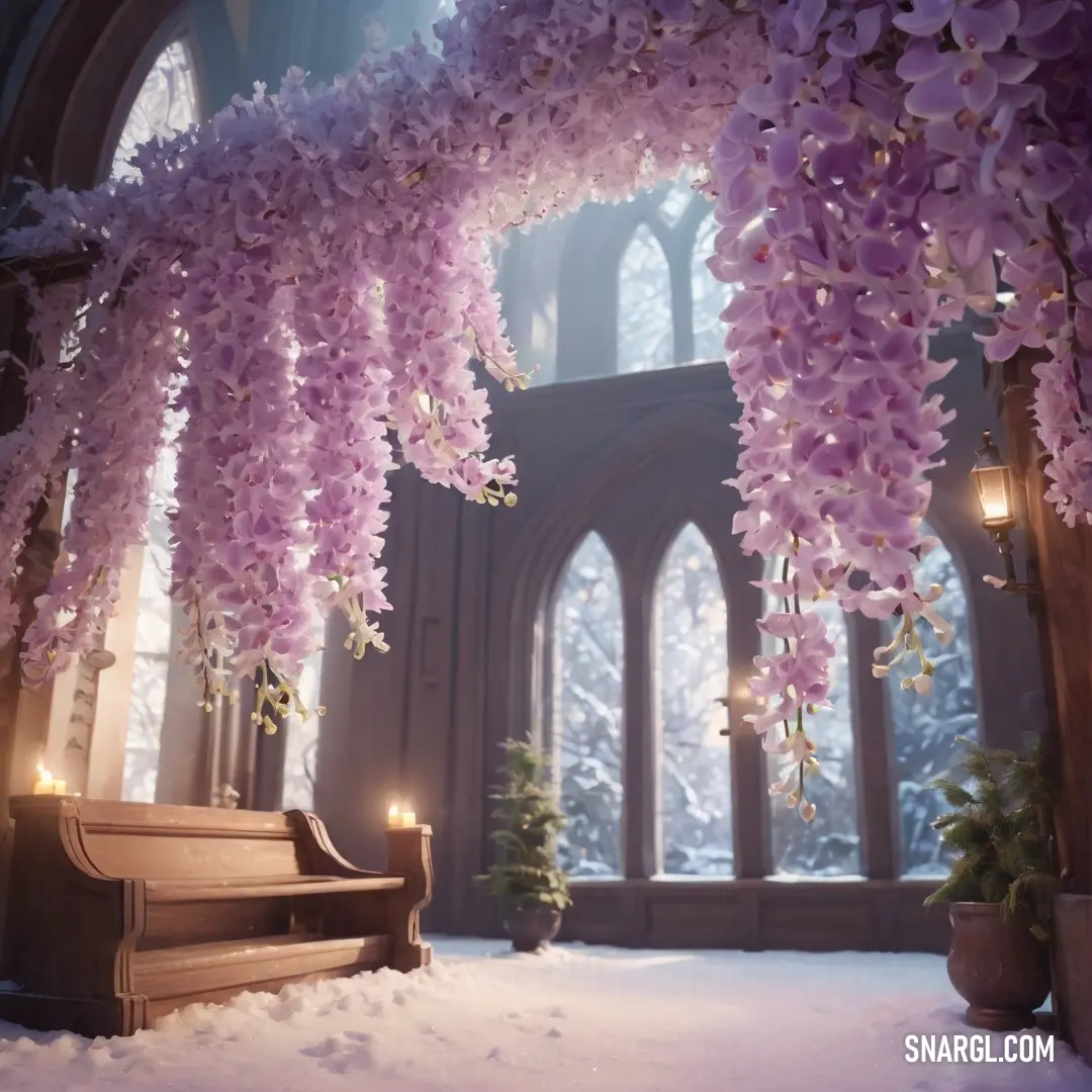 Church with a bench and a bunch of flowers hanging from it's ceiling and a candle lit in the middle. Color PANTONE 671.