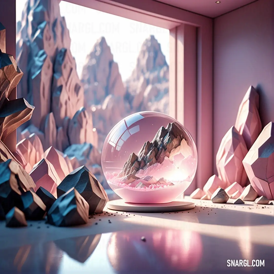 Snow globe on top of a table next to a window with mountains in it and a pink sky. Color #E5C3D9.