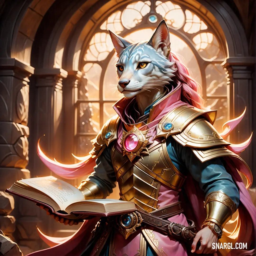 Wolf dressed in armor holding a book in front of a window with a clock in the background. Example of CMYK 3,28,0,0 color.
