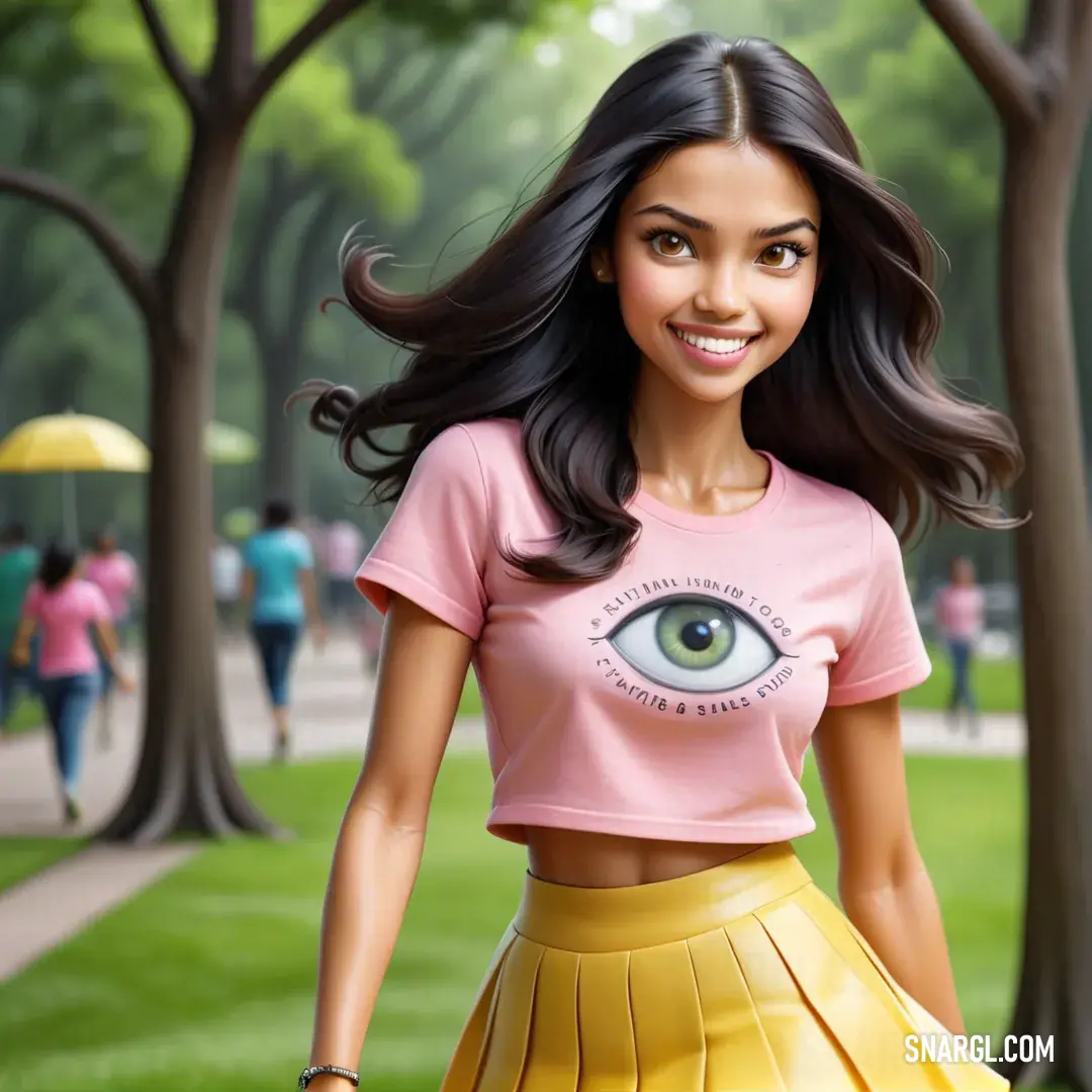 Woman in a pink shirt and yellow skirt is smiling at the camera with a green eye on her t - shirt. Color PANTONE 671.
