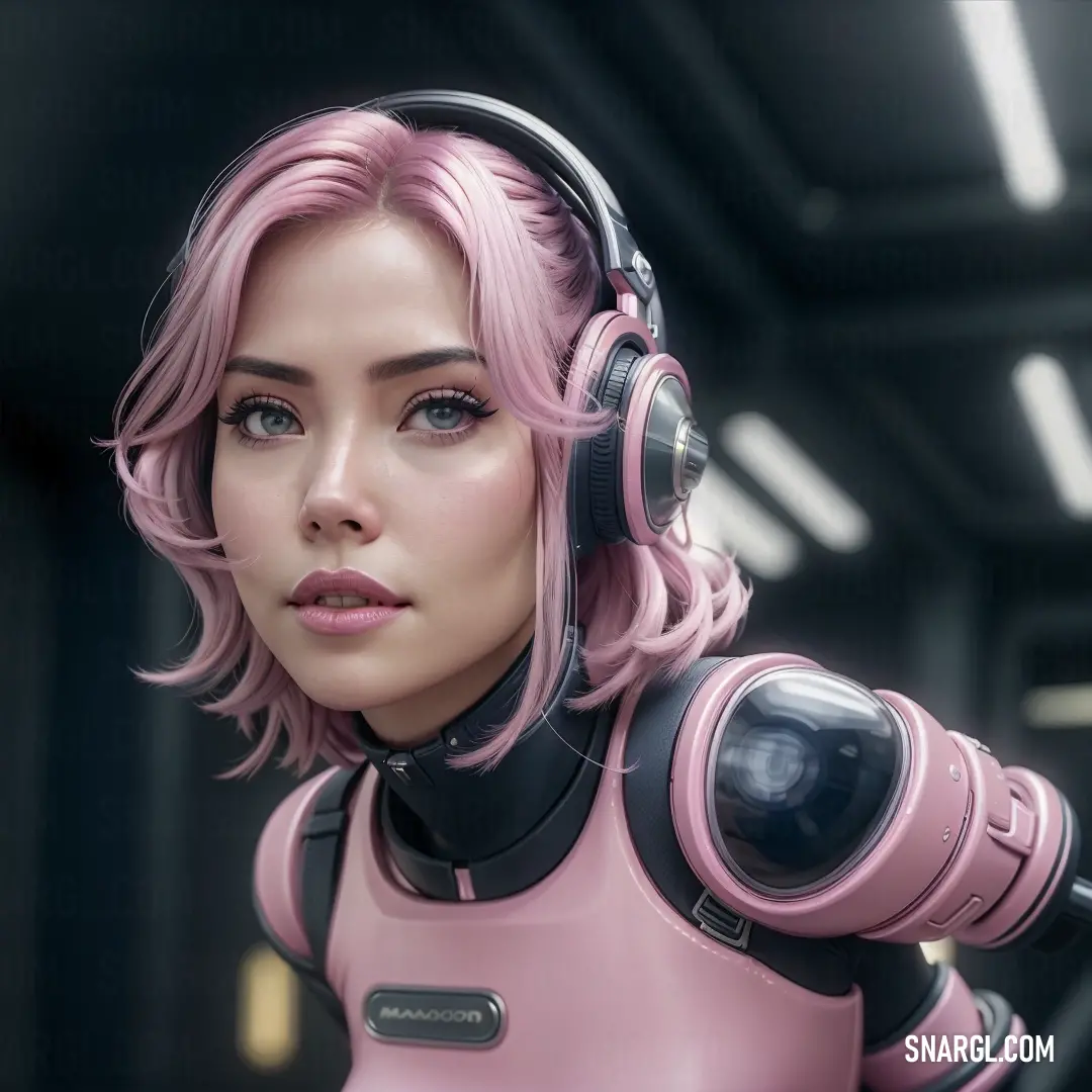 PANTONE 671 color example: Woman with pink hair and headphones on her face and a sci - fi, Artgerm