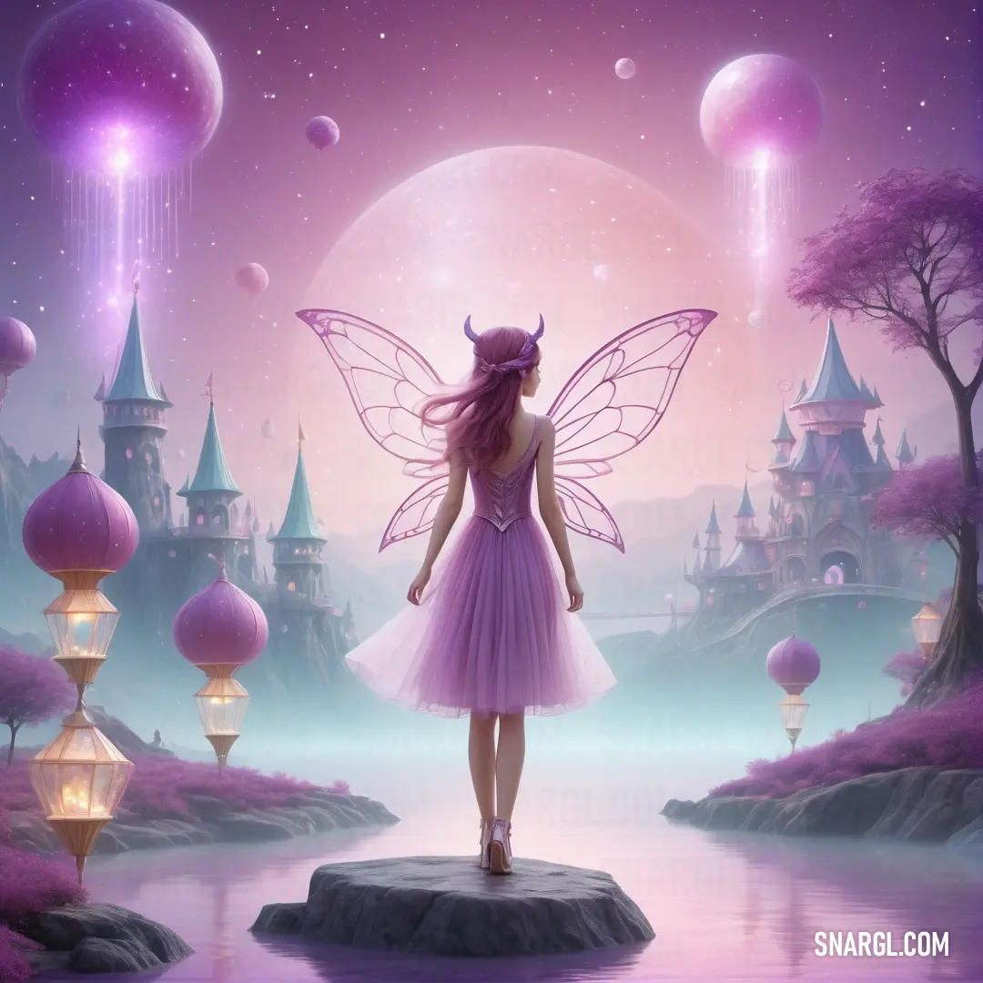 Fairy standing on a rock in front of a castle with a lake and lanterns in the background and a pink sky