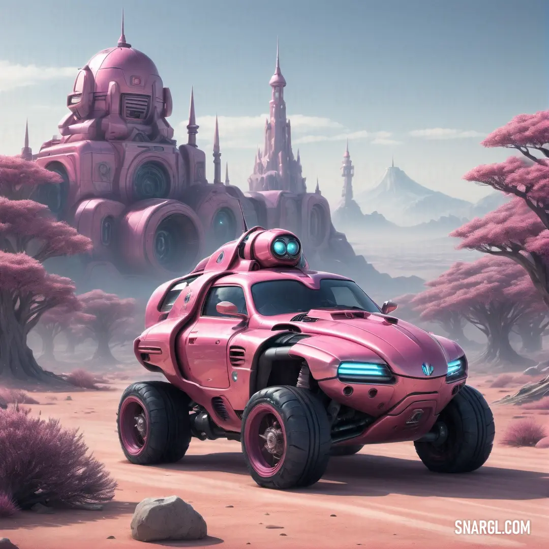Pink car is driving through a desert landscape with a castle in the background and trees in the foreground. Example of PANTONE 672 color.