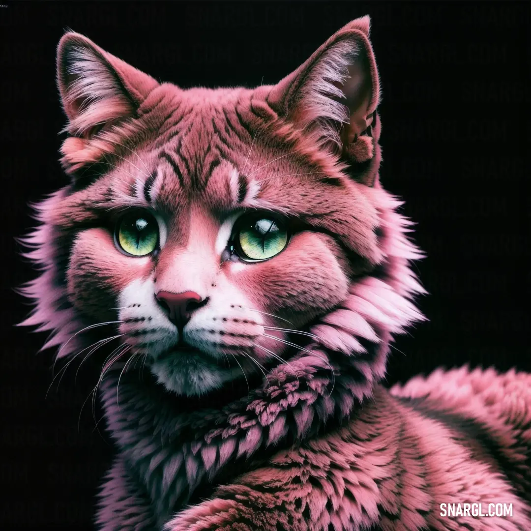 Cat with green eyes and a pink fur coat on it's chest and neck, with a black background. Color CMYK 9,55,0,0.