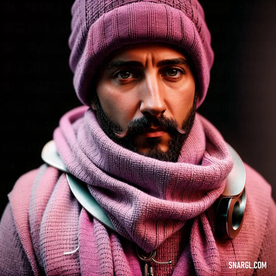 Man with a beard and a pink scarf around his neck wearing headphones and a purple hat and scarf. Example of PANTONE 673 color.