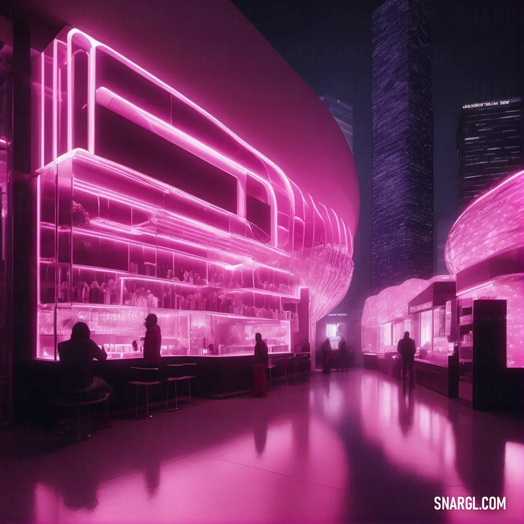 Group of people standing around a building with neon lights on it's walls and a bar in the middle. Color PANTONE 675.
