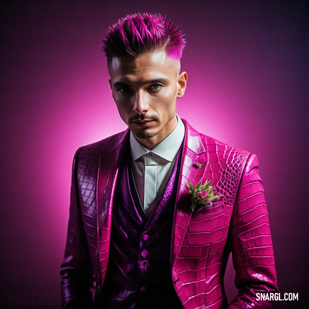 Man in a purple suit and tie with a pink background