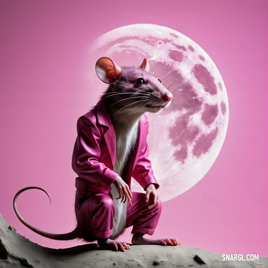 Rat in a pink suit on a rock with a full moon in the background and a pink sky. Example of #B11F79 color.