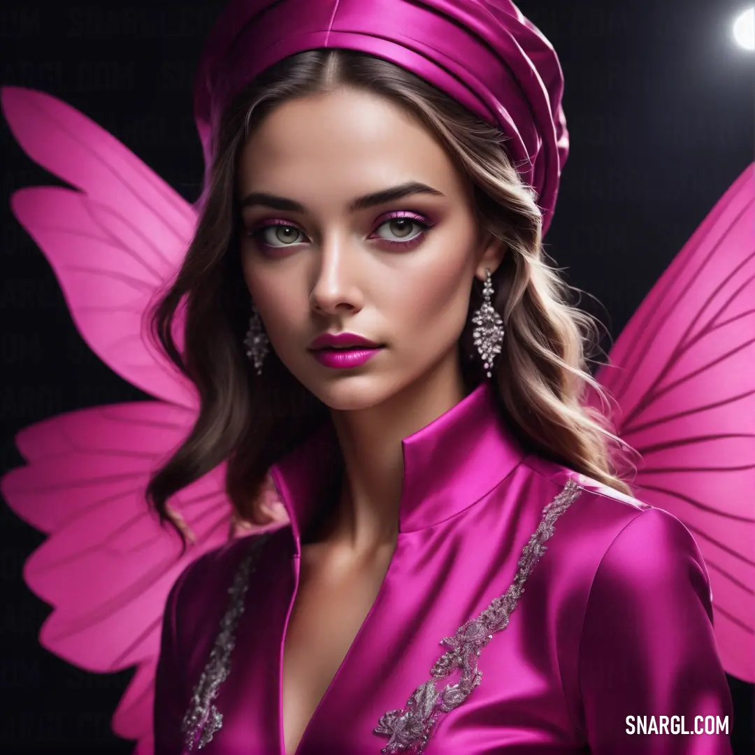 Woman in a pink dress with a pink butterfly wings on her head and a pink dress with a silver beaded collar. Color PANTONE 675.
