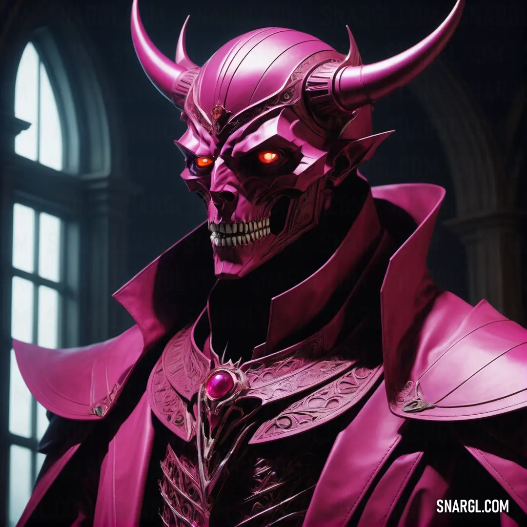 Demonic looking man with horns and a purple outfit on. Example of CMYK 9,100,14,33 color.