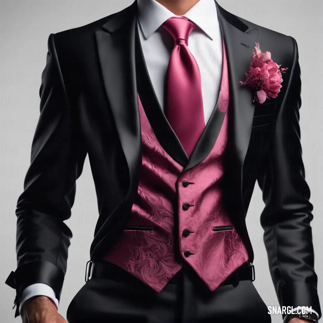 Man in a suit and tie with a pink flower on his lapel flower is in his pocket. Color PANTONE 676.